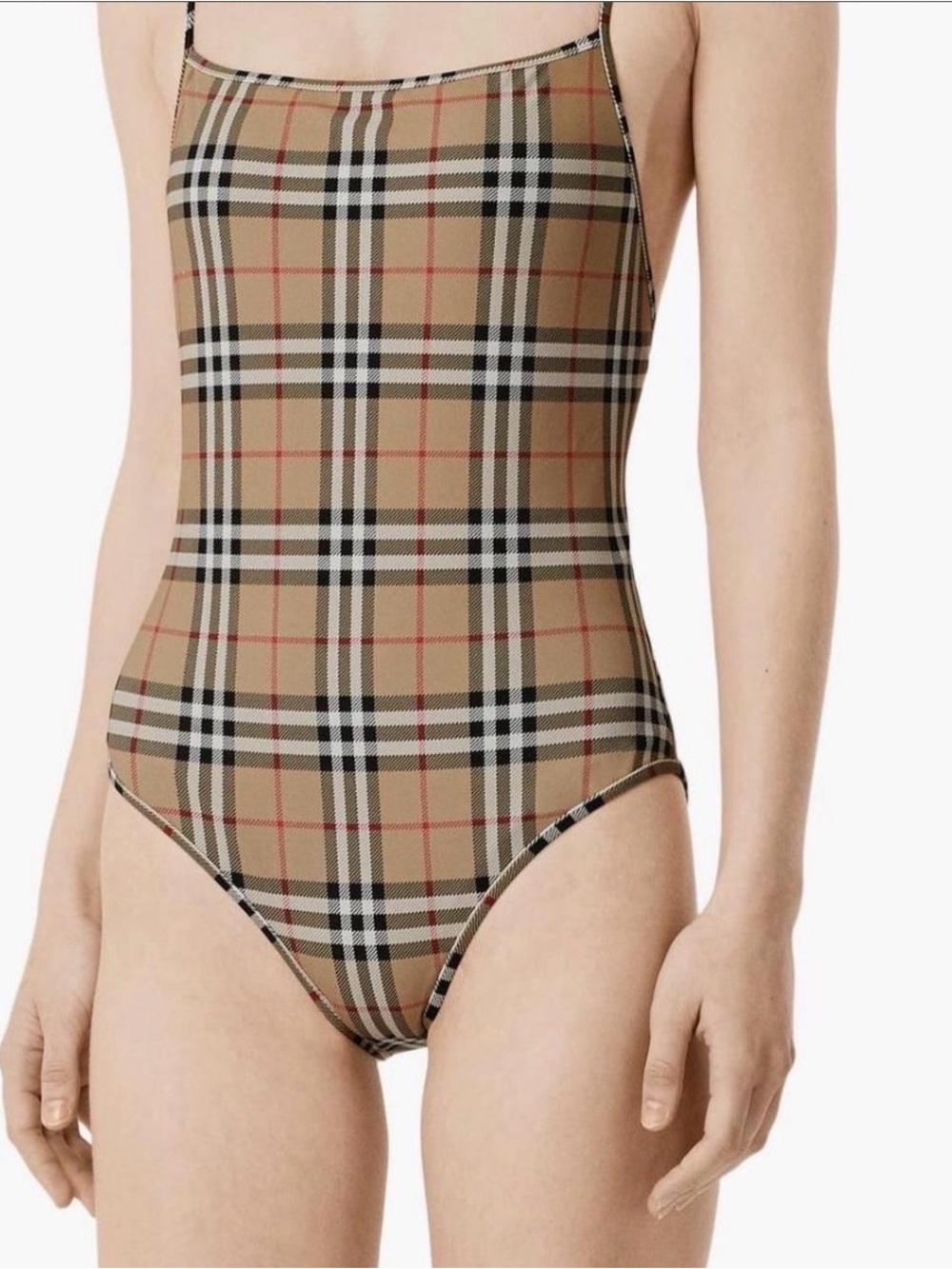 Burberry Beige Black White Plaid One-Piece Swimsuit